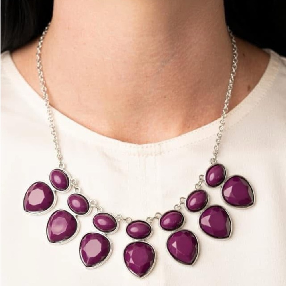 Plum purple beads with silver chain collar necklace